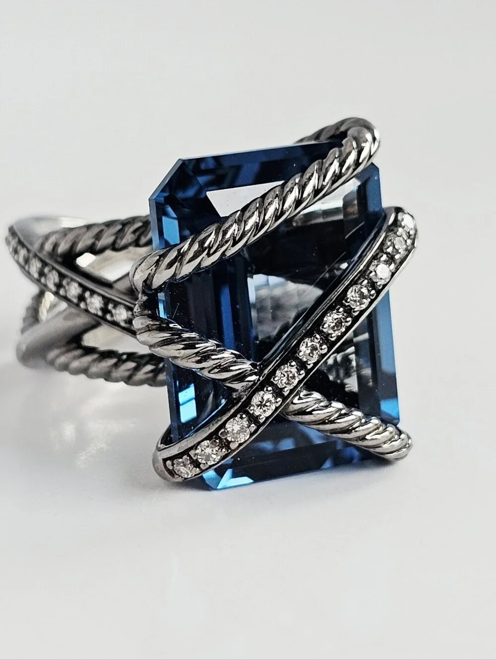 David Yurman 20x15 Hampton Blue Topaz & Diamond Blackened Silver Cable Wrap Ring